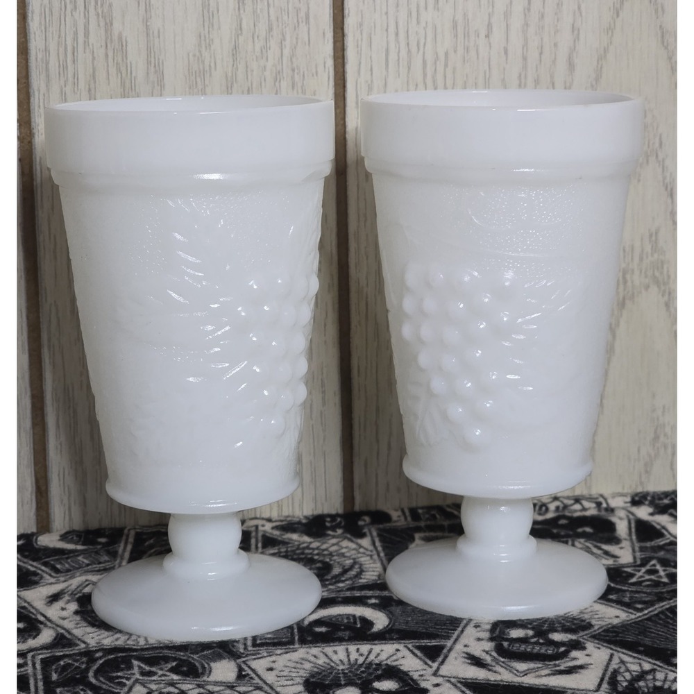 MCM Indiana Glass Colony Harvest Grape White Milk Glass Footed Tumblers Set of 2